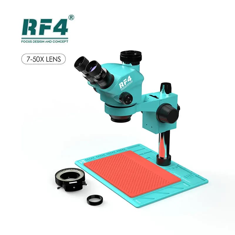 Microscopio trinoculare con zoom RF4 RF-7050-PO4 7-50X con illuminazione a LED regolabile per rilavorazione BGA di saldatura PCB ad alta precisione