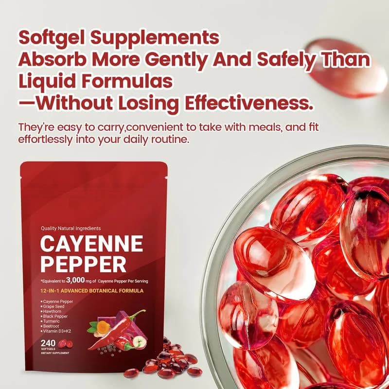 Cayenne Pepper Softgels with Grape Seed Extract Vitamin E D3 K2 Supplement Supports Leg Vein Heart Blood Vessel Health