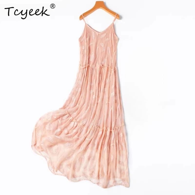 Tcyeek 100% Real Mulberry Silk Slip Dress for Women 2026 Summer Embroidered Beach Dresses Clothes for Ladies Vestidos De Mujer