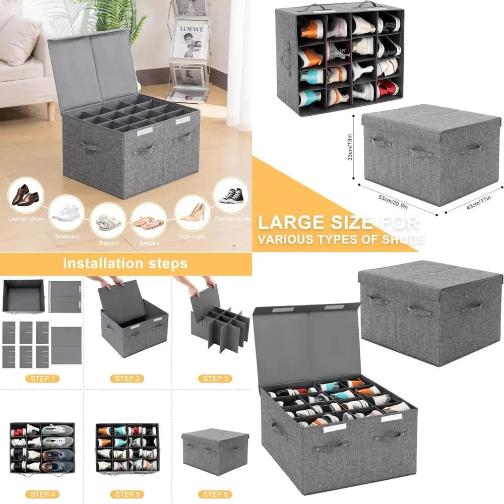 Set di 2 Grandi Scatole Portascarpe con Divisori Regolabili, Grigie - Ideali per Conservare 32 Paia di Scarpe, Sneakers e Tacchi Alti