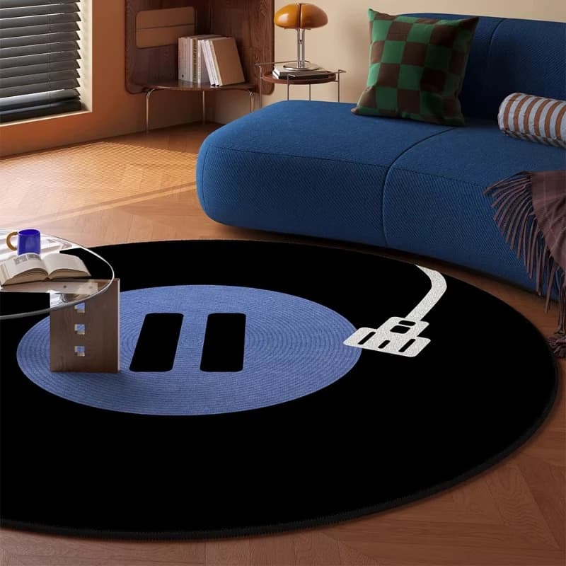 Anti-slip Anti-Slip Living Room Mat, Black Round Mat with Vinyl Disc Pattern, Large Format, Decorative Carpets for Home