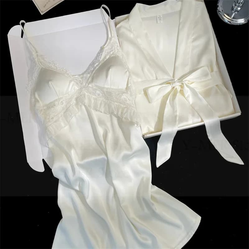 Lady Sexy Lingerie Kimono Bathrobe Gown 2025 New Princess Style Lace Up Sleepwear Nightgown Robe Set Backless Sling Nightdress