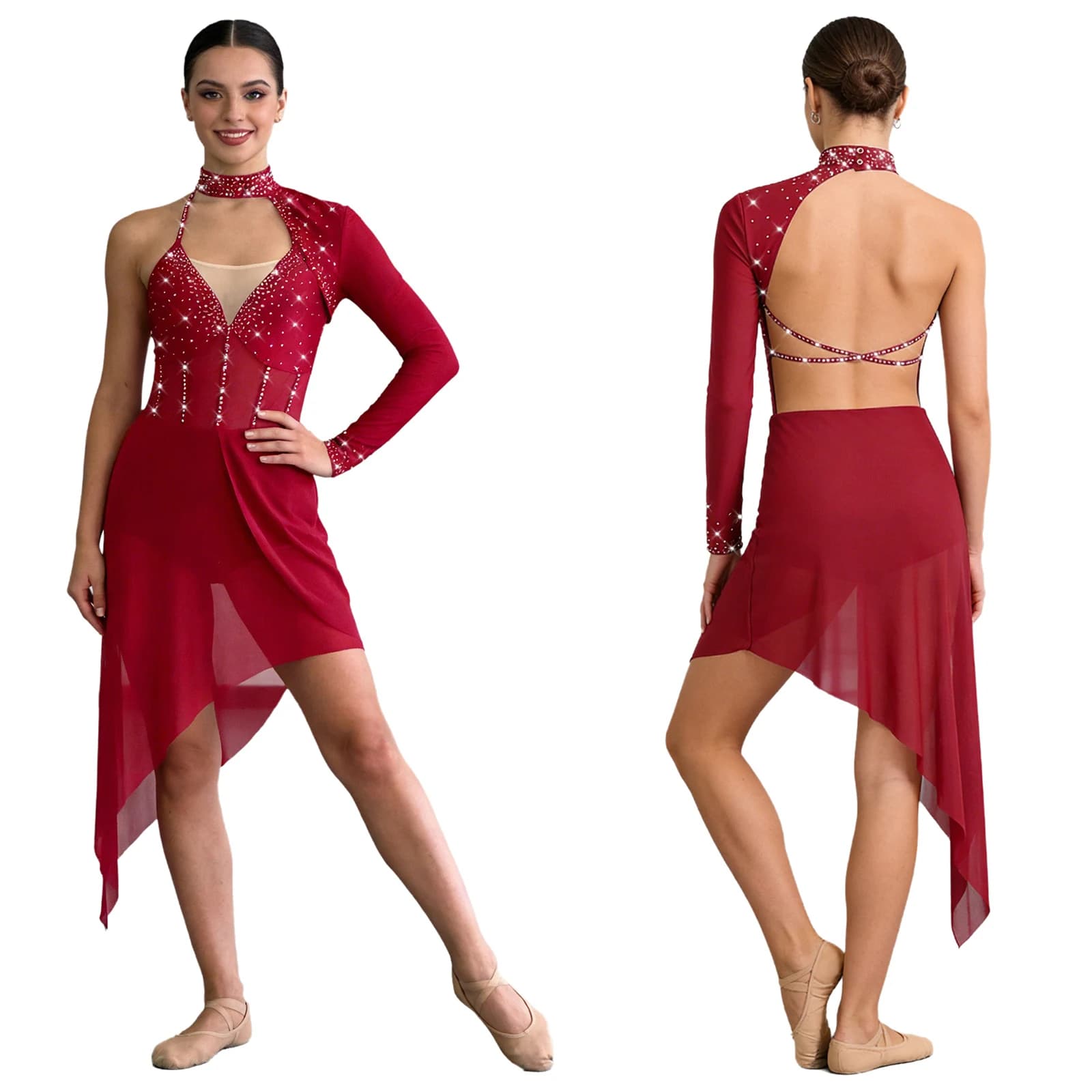 Body da Danza Moderna per Donna, Abito per Pattinaggio Artistico, Ginnastica e Acrobatica, Monospalla con Strass e Rete