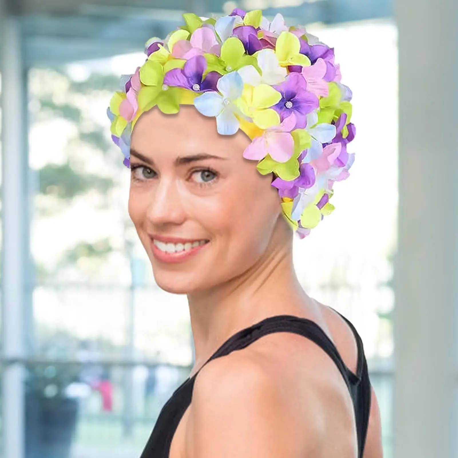 Swimming Headphones with 3D Flowers, Breathable Hat for Aquatic Sports, Soft Long Hair Cover, Eye Protection, Pool Comfortable