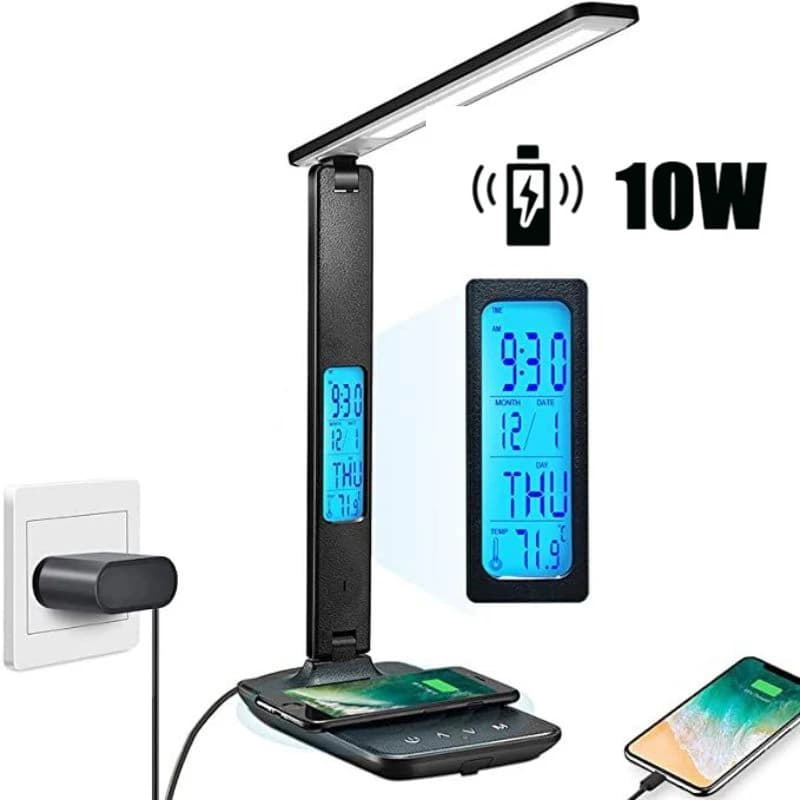 Caricabatterie Wireless data di ricarica USB funzione di temperatura lampade da scrivania portatili per ufficio lampada da tavolo a LED con sveglia