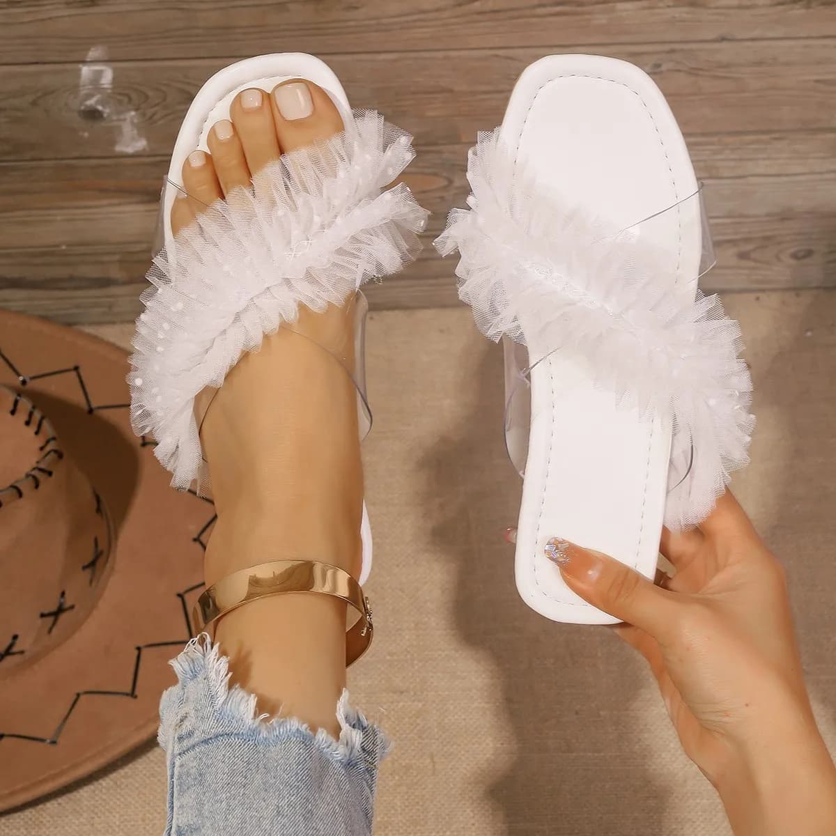 Pantofole moda dolce Donna Basic Ruffles Scarpe piatte con tacco basso Donna Pantofole estive pieghettate in pelle solida Taglie forti piatte con