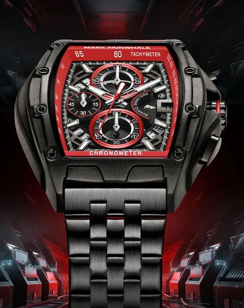 2024 New Mark Fairwhale men's cold black watch tonneau luxury steel watches Men's Fashion Multifunction Quartz watch Reloj