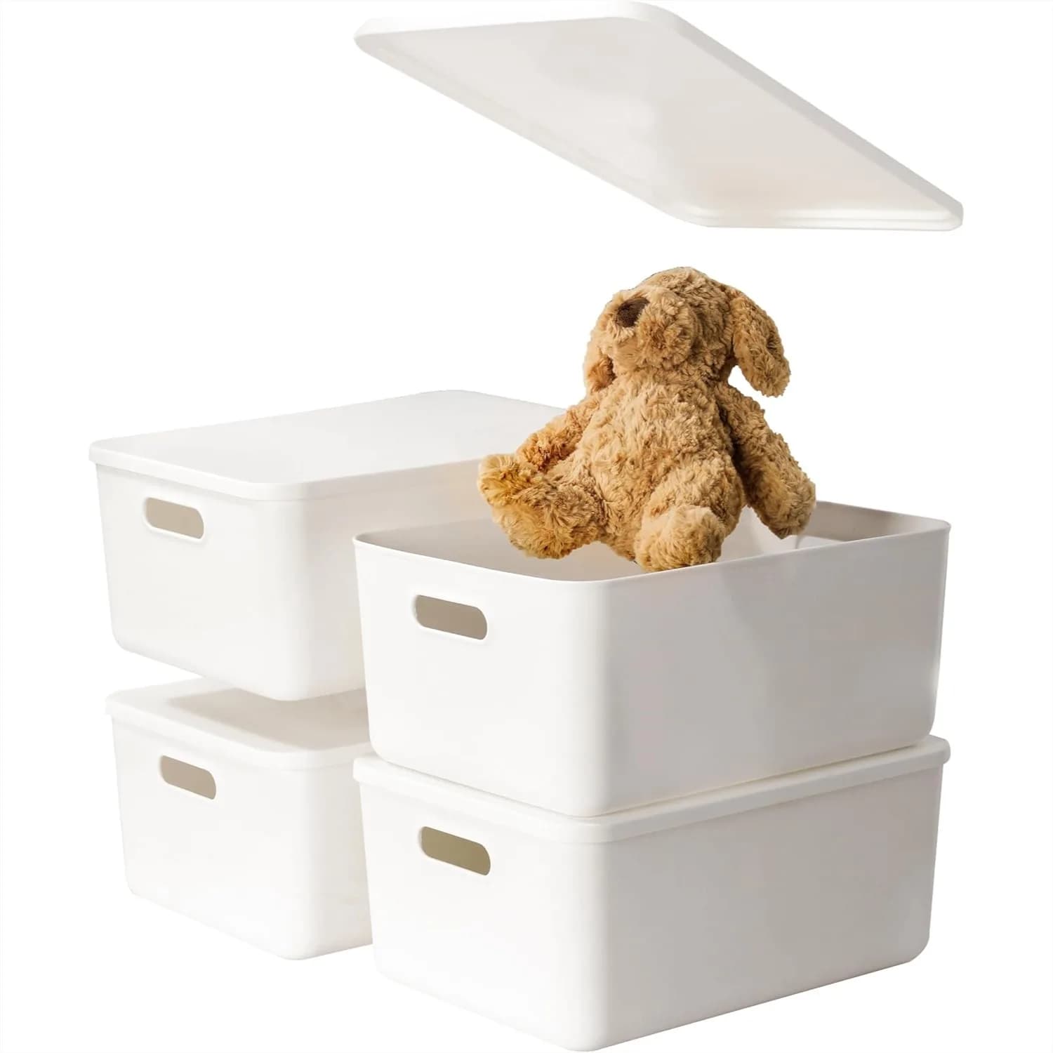 Set di 4 Grandi Contenitori Bianchi con Coperchi, Scatole Portaoggetti con Manici per Cameretta, Sala Giochi, Camera da Letto, Ufficio, Armadio