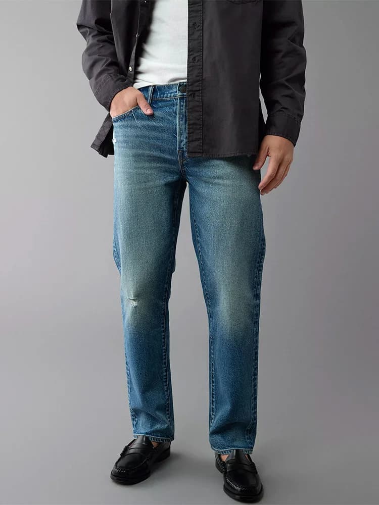 Jeans Blu a Gamba Dritta da Uomo, Vita Alta, Strappati, in Denim, Comodi e Traspiranti, in Misto Cotone, per la Stagione Autunnale