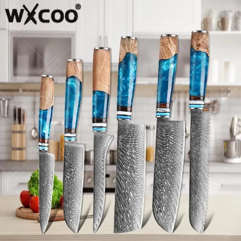 Professional Kitchen Knives-Set Blue Resin Handle Damascus Steel Chef Knives VG10 Knife for boneless fruit mannaia