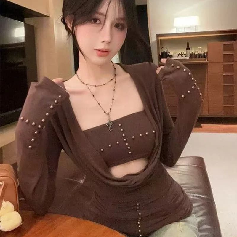 Tonngirls Y2k Punk Two Pieces Tops Irreugal Rivet Tops + Sleeveless Tank Streetwear Americal Retro 90s Black Tee Tops E-girls