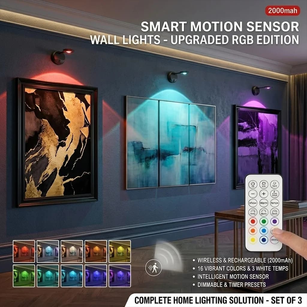 Luce da Parete RGB con Sensore di Movimento, 16 Colori Dimmerabili, Illuminazione Wireless per Cornici, Faretto Magnetico Ricaricabile per Quadri