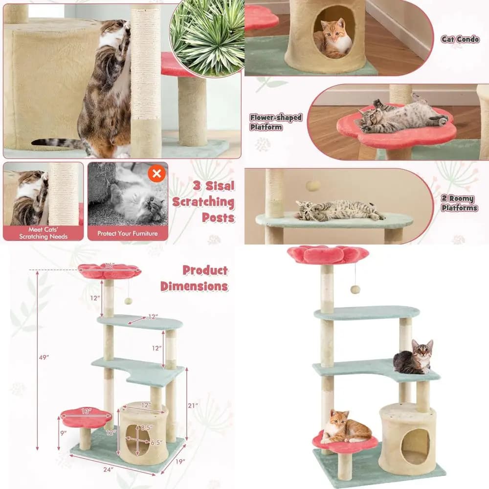 Albero per gatti a 49 livelli a tema floreale con pali in sisal, posatoio morbido, casetta e palla pendente