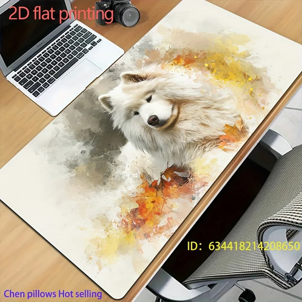 Tappetino da scrivania estetico e soffice con samoyed, tappetino per mouse da gioco grande con samoyed in acquerello e foglie autunnali, decorazione per scrivania