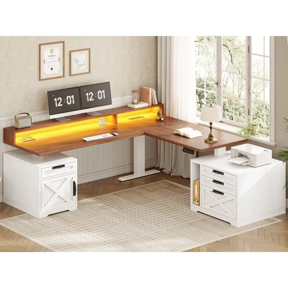 Scrivania a L in stile rustico, 70,1 x 73,2, regolabile in altezza, per ufficio domestico, con cassetti, presa di corrente e supporto per monitor