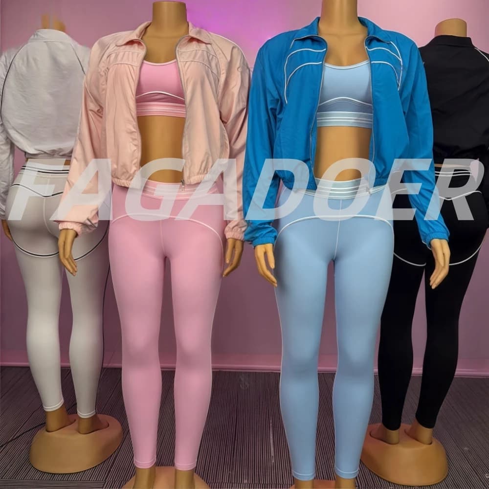 FAGADOER Fashion High Quality 3 Pieces Set for Woman Outfit Long Sleeves Stripe Patchwork Crop Top + Leggings Female Streetwear