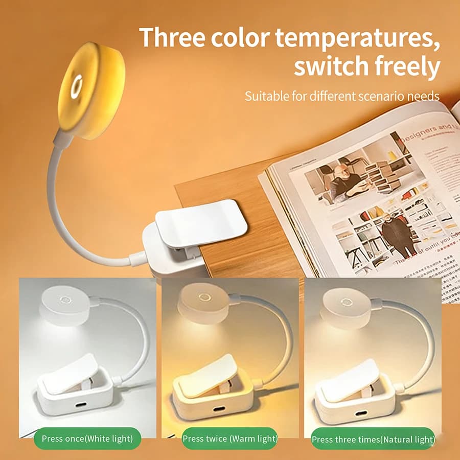 Lampada da Lettura LED Ricaricabile USB con Clip, 3 Colori, Protezione Occhi, Luce Notturna Portatile per Studenti e Ufficio