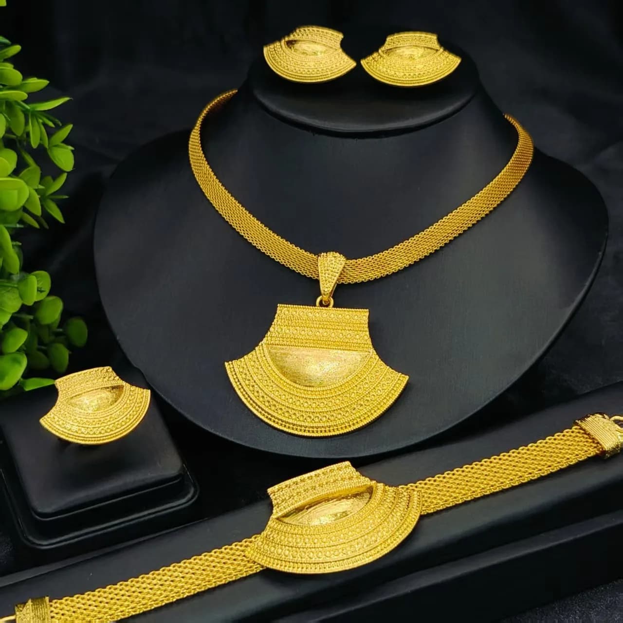 Blessed Watch Strap Necklace Bracelet Earrings Ring 4Pcs Set For Women24K Gold AU999 symbolize stable and smooth life experience