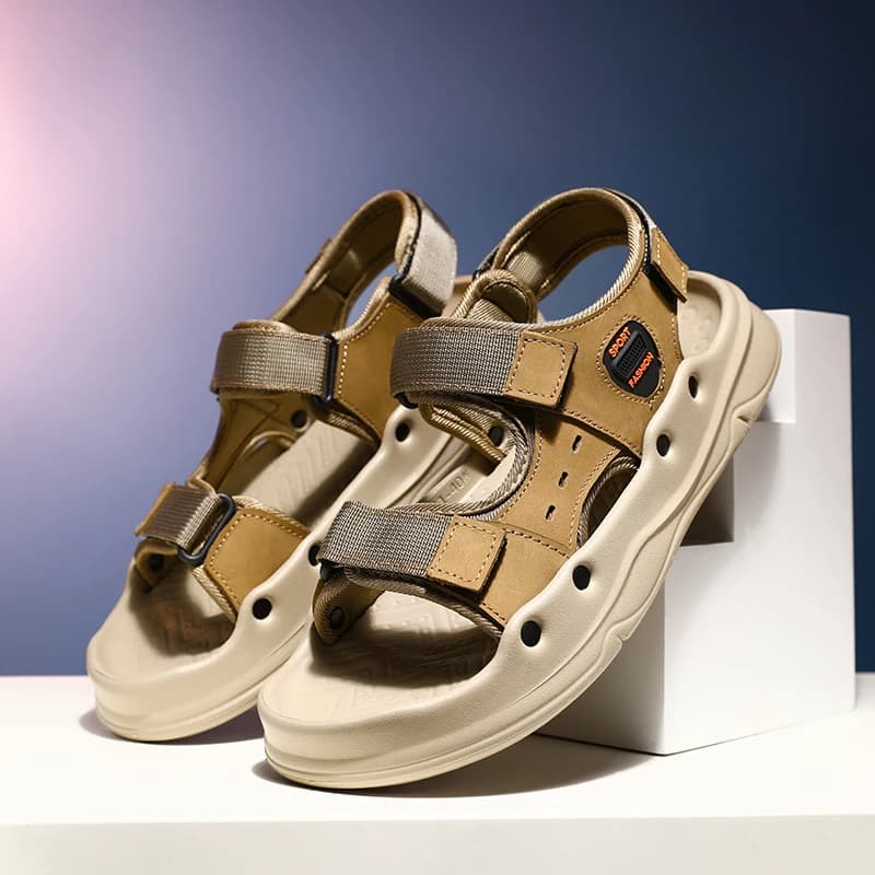 New Men's One-Strap Sandals for Beach Vacations and Street Wear, Versatile with Sloped Heel and Adjustable Velcro Strap, Available in Large Sizes