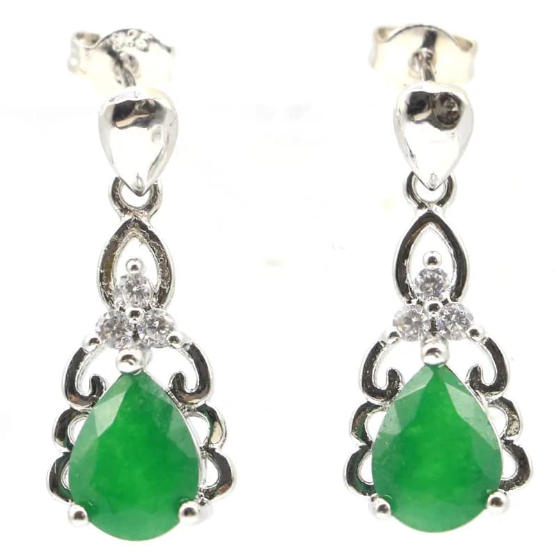 Buy 4 and receive 1 free Silver plated earrings with real green emerald, red ruby and white zircons, 25x10mm, 3.7g, woman gift