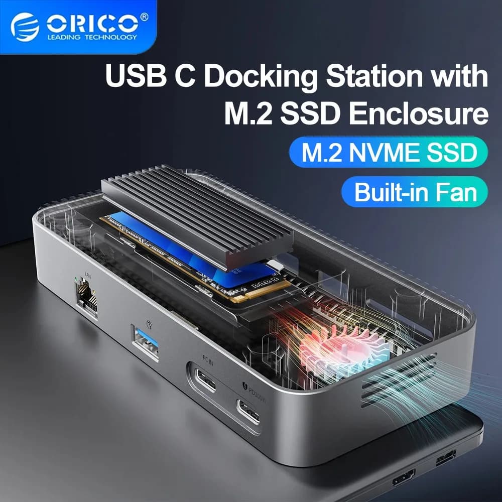 Custodia SSD ORICO M.2 NVMe con HUB USB C 9 in 1 Docking station SD RJ45 esterna da 10 Gbps con ventola di raffreddamento per MacBook portatile
