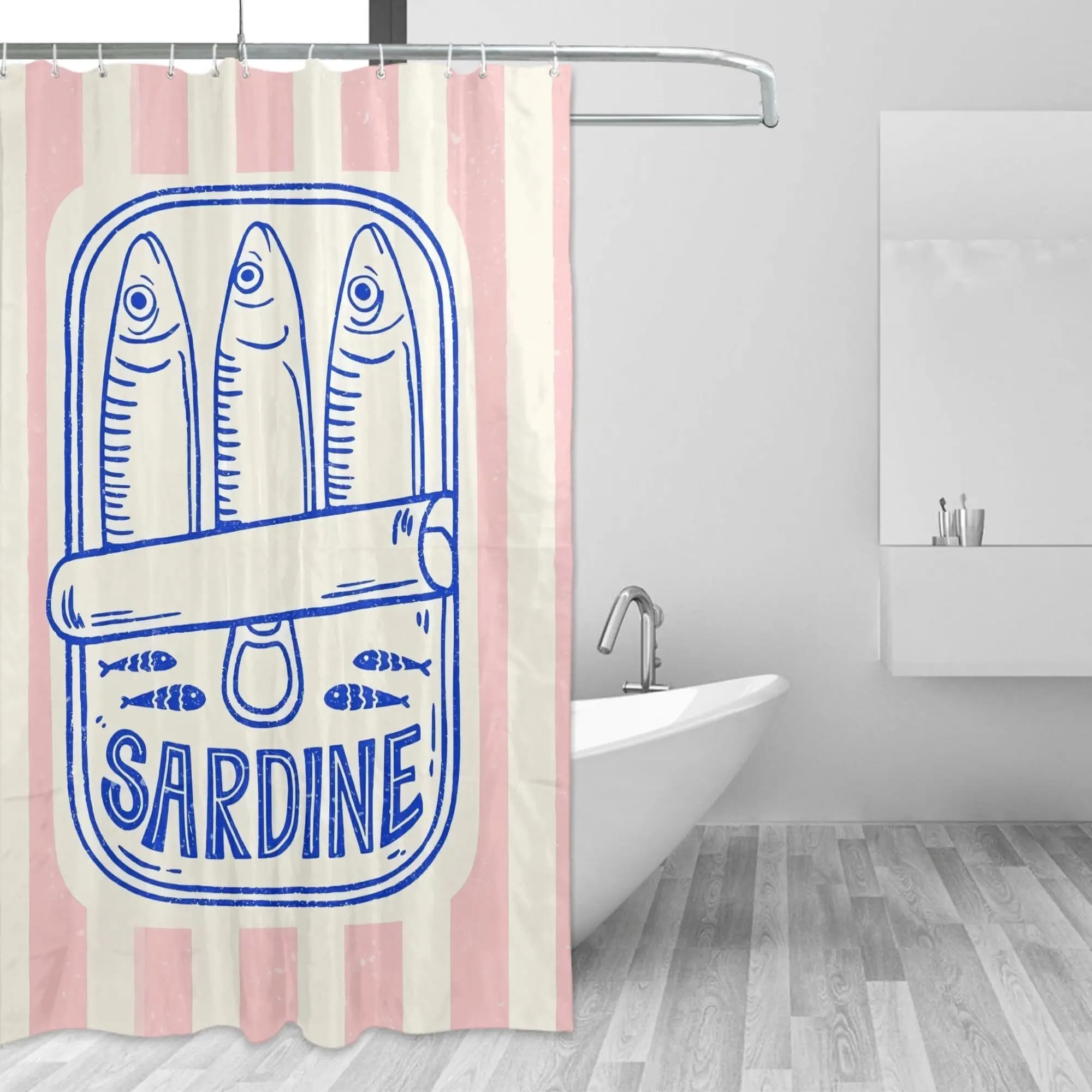 Tenda da doccia alla moda ispirata alla sardina con ganci - Design rimovibile a strisce rosa e bianche con illustrazione di pesci