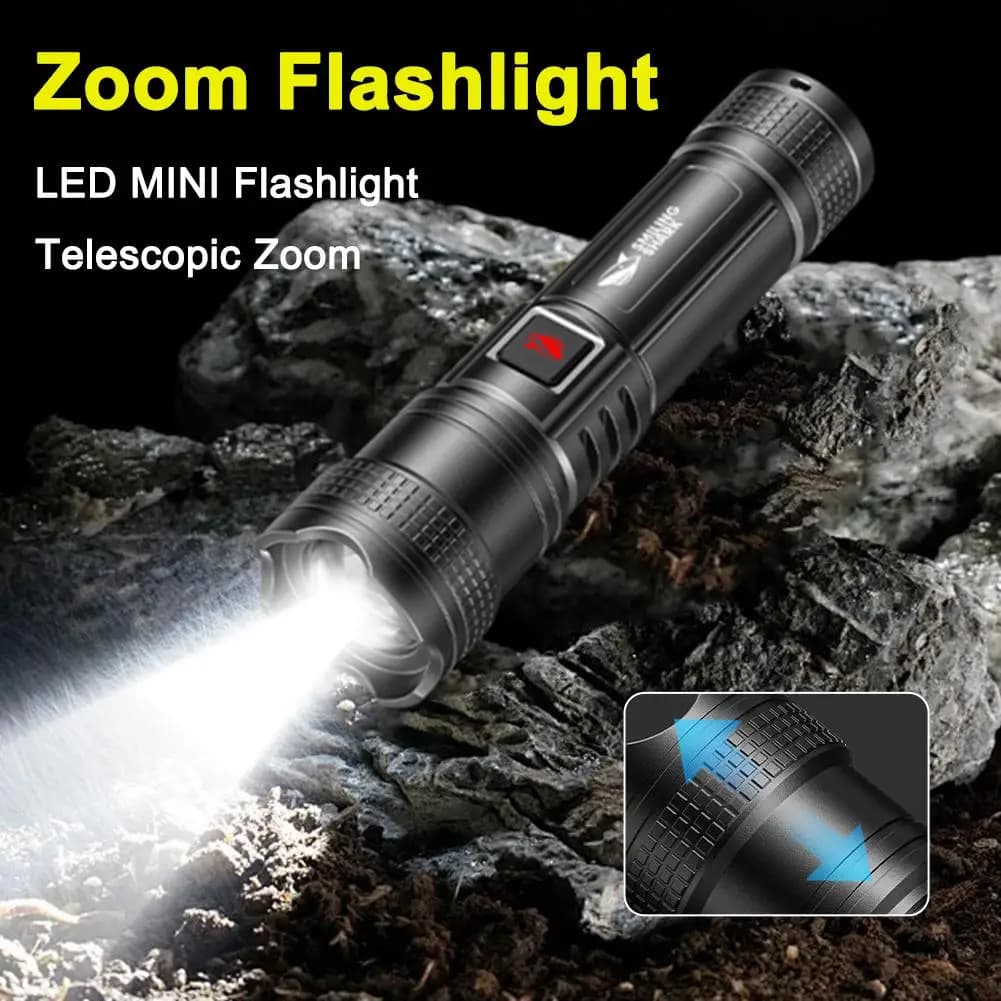 Telescopic Zoom Flashlight Rechargeable LED Pocket Light Adjustable Focus High/Low/Strobe Waterproof Portable For Outdoor
