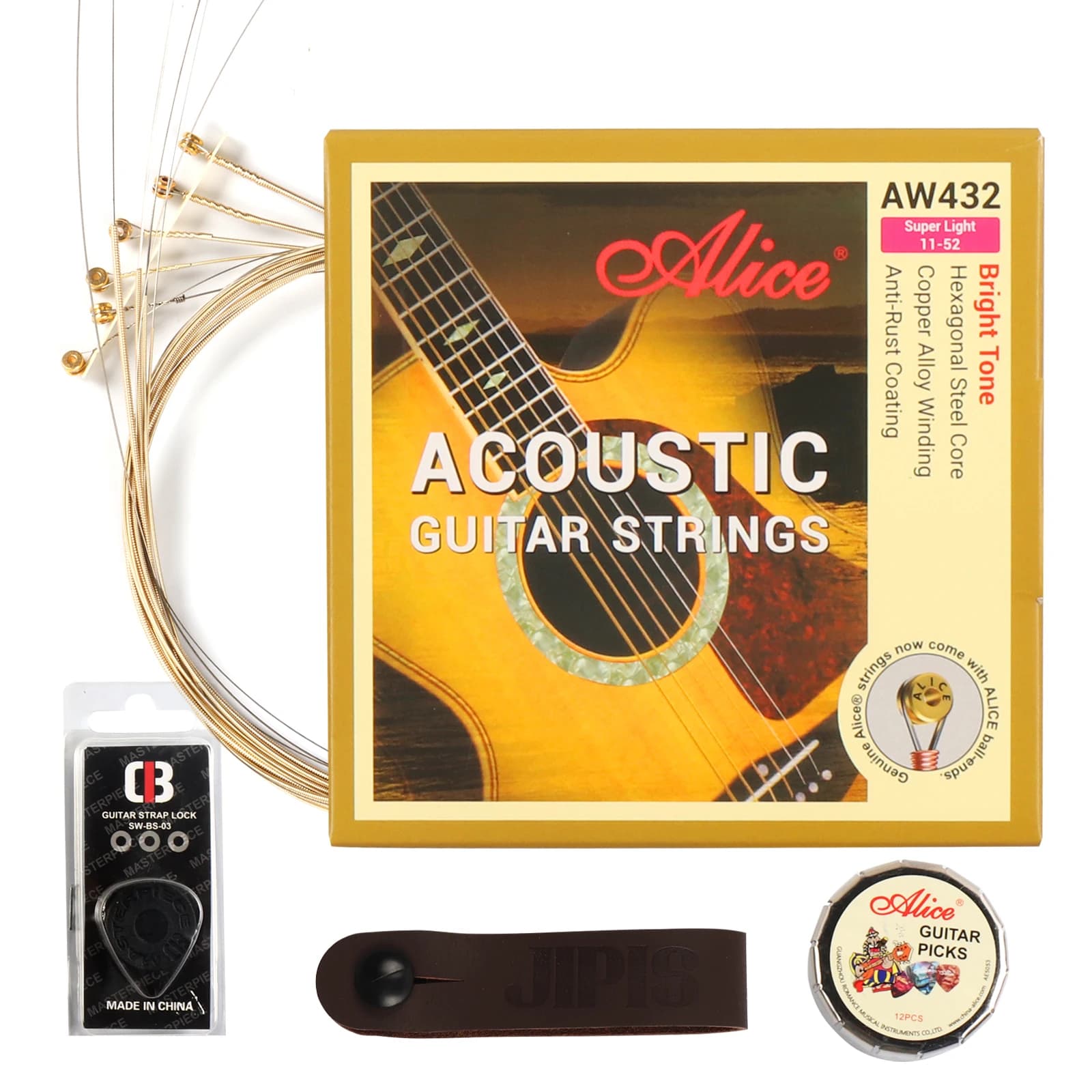 Il set di accessori per chitarra da 21 pezzi include 6 corde per chitarra acustica, 12 plettri Alice, 1 tracolla per chitarra, 2 serrature per chitarra