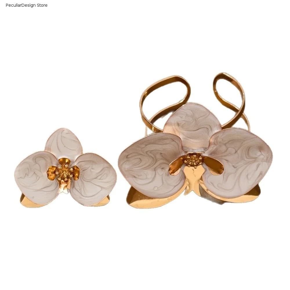 Set Anello e Bracciale in Metallo con Fiori, Bracciale a Fiori con Smalto a Goccia Esagerato, Bracciale a Polsino Floreale Irregolare Bohemien per Eventi