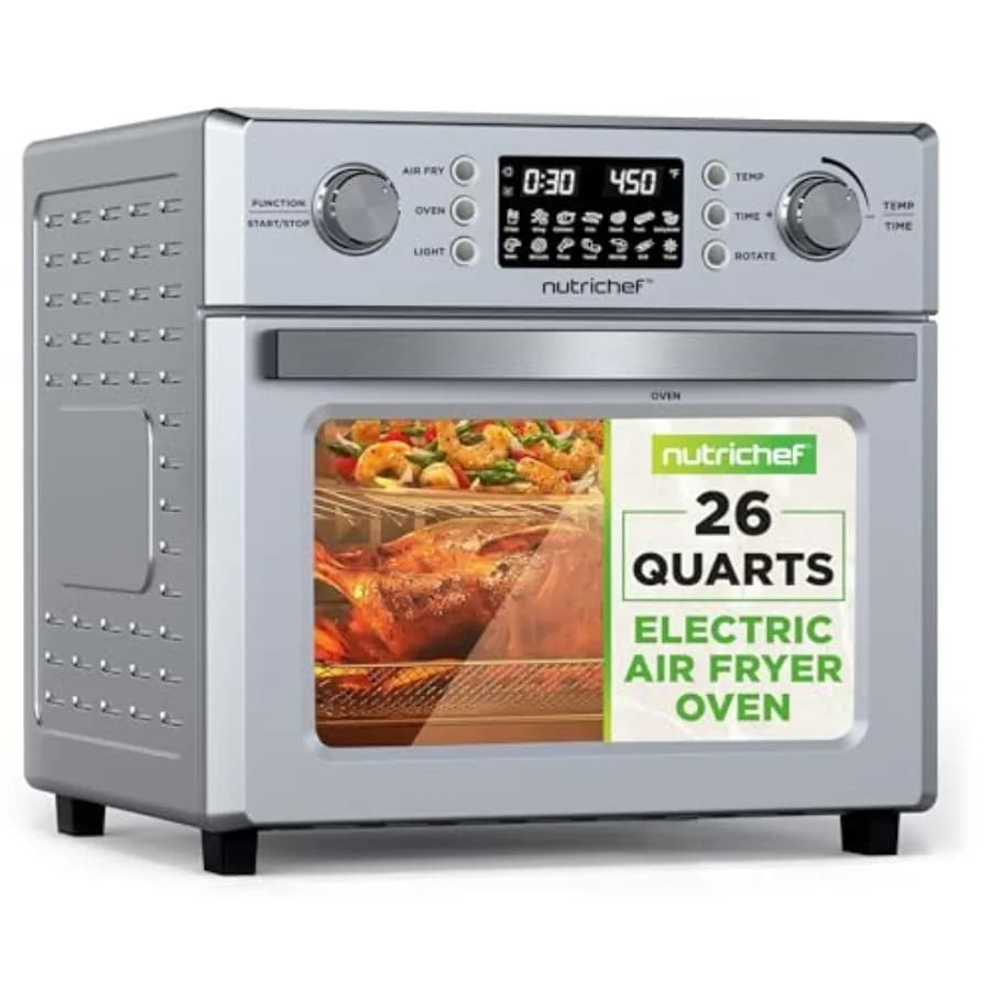 Forno Friggitrice ad Aria da Appoggio 26QT con Girarrosto a 360° in Acciaio Inossidabile, 10 Programmi Digitali Preimpostati, Include Vassoio Raccogligocce e Cestello per Frittura ad Aria