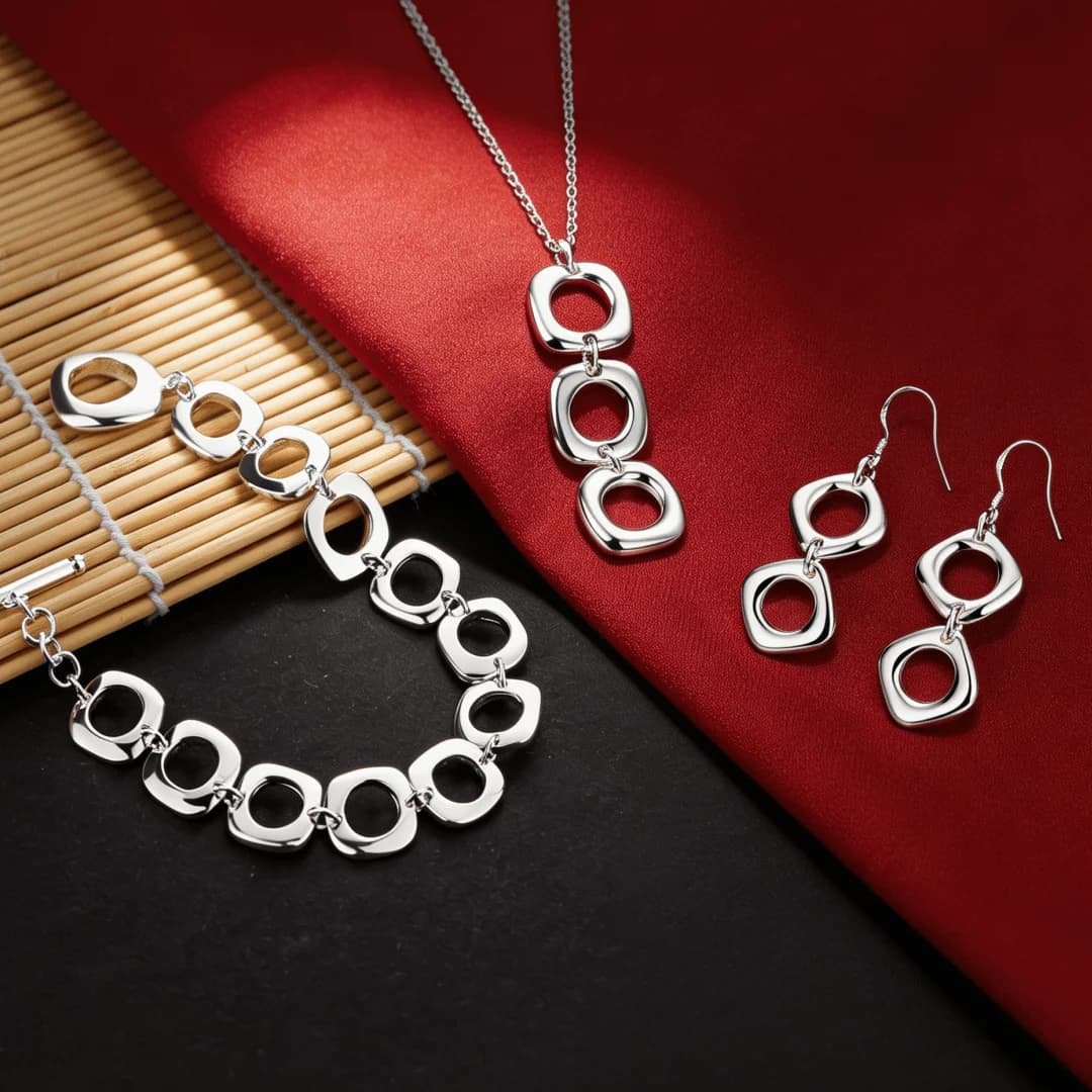 Beautiful 925 Sterling Silver Bohemia square pendant Bracelet necklace earring Jewelry set for women Fashion Hip-hop accessories