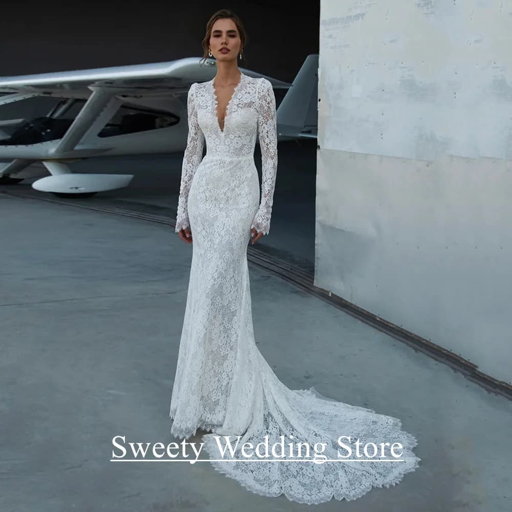 Romantic Wedding Dress Lace Mermaid Bridal Gown Customized V Neck Long Sleeves Court Train Woman Arabian Bride Dresses