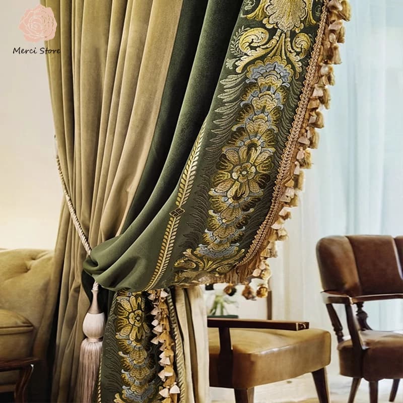 Custom American Retro Green Velvet Embroidered Curtains for Living Room Bedroom with Velvet Lace in European Style Drapes Tulle
