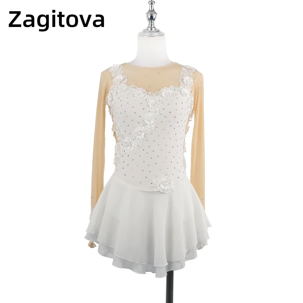 Zagitova Abito da pattinaggio di figura Donna Ragazza Gonna da pattinaggio su ghiaccio Manica lunga Fiore tridimensionale con gonna a rete con diamanti lucidi