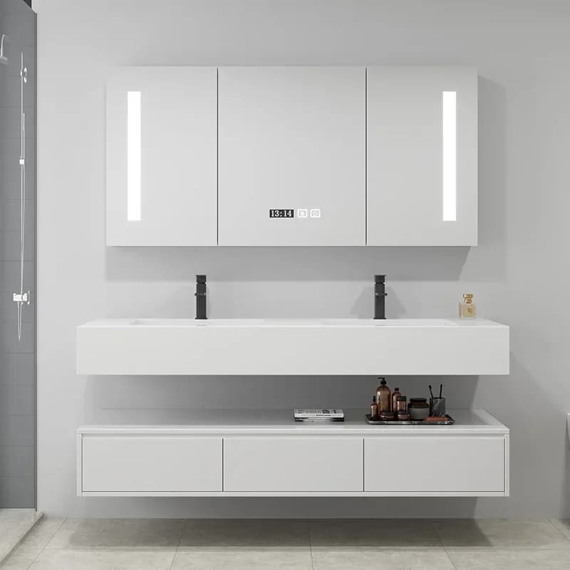 Mobili da Bagno Premium, Lavabo Moderno per Hotel, Mobile da Bagno Multistrato Impermeabile in Legno Massello, Specchio Intelligente in Ceramica