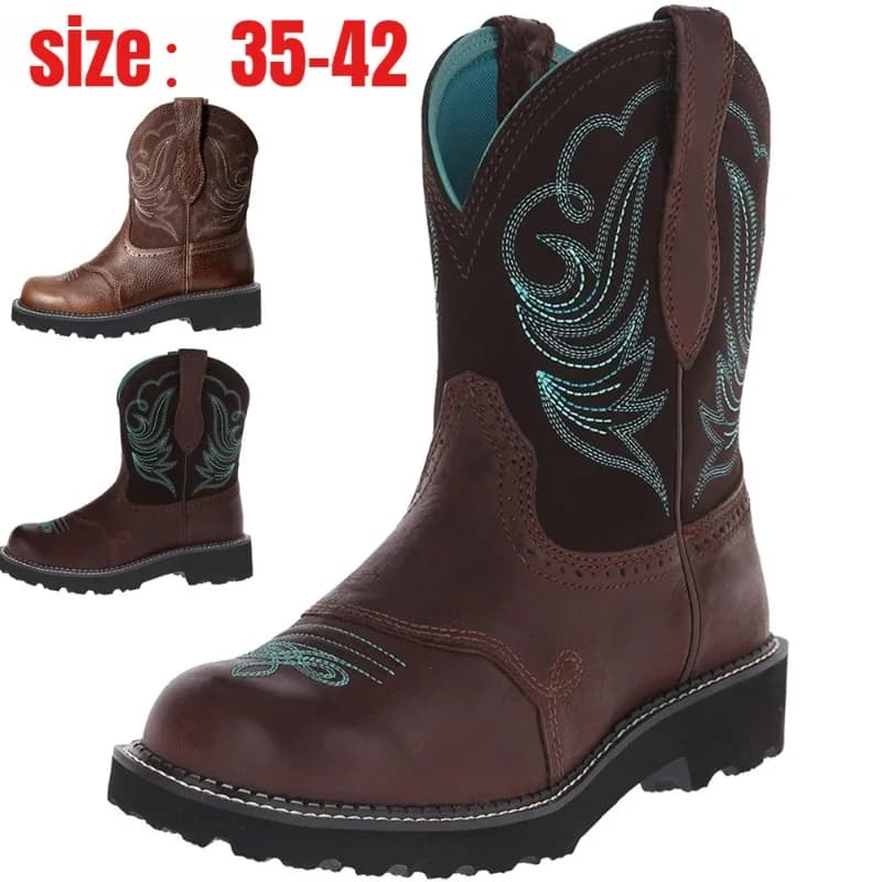 Stivali da moto da donna Stivali da cowgirl occidentali ricamati Stivali in pelle con tacco spesso Taglia 35-42