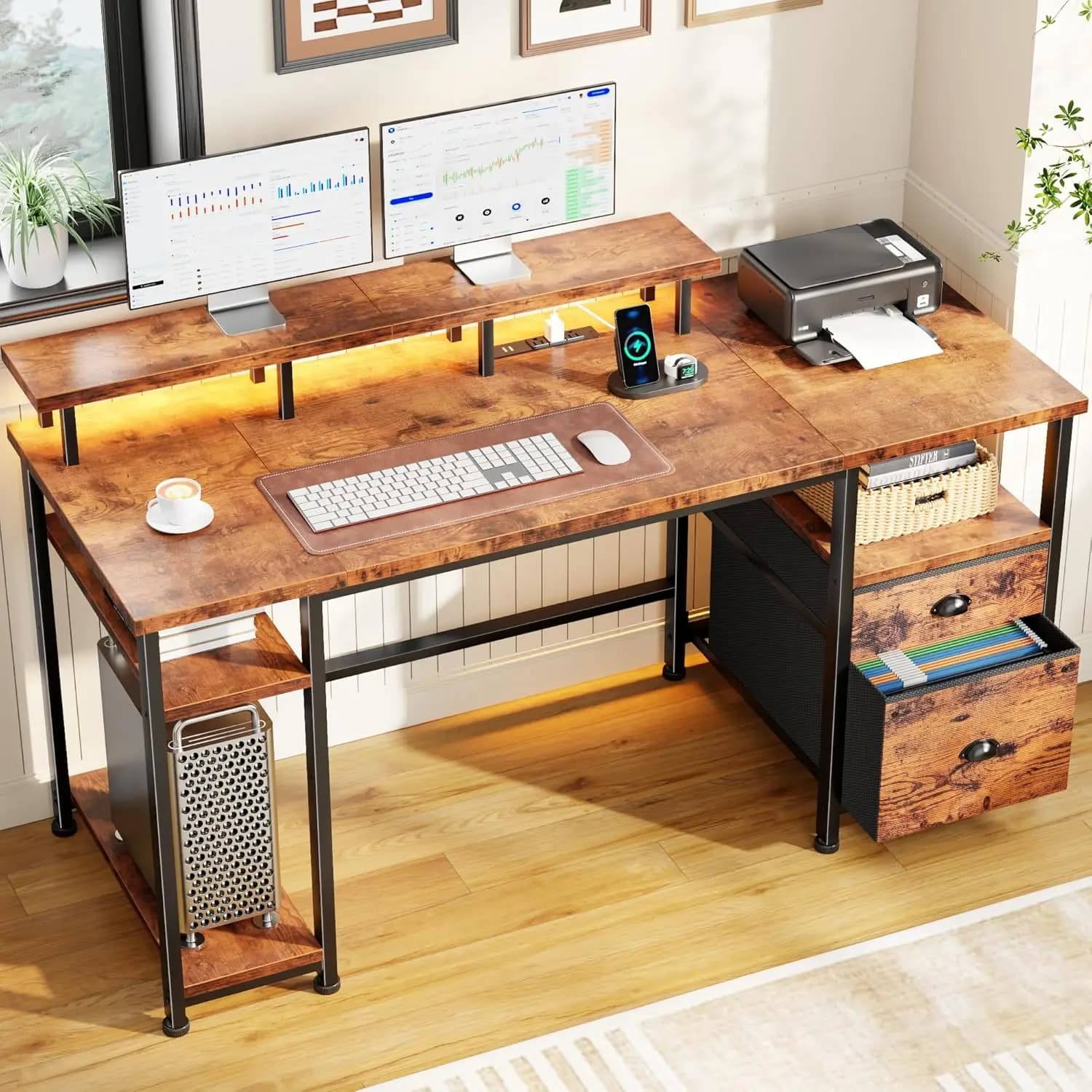 Computer Desk 61 Inch with Current Clamp, LED Lights, Document Holder and Monitor Support for Home Office, Gaming and Studio in Rustic Brown