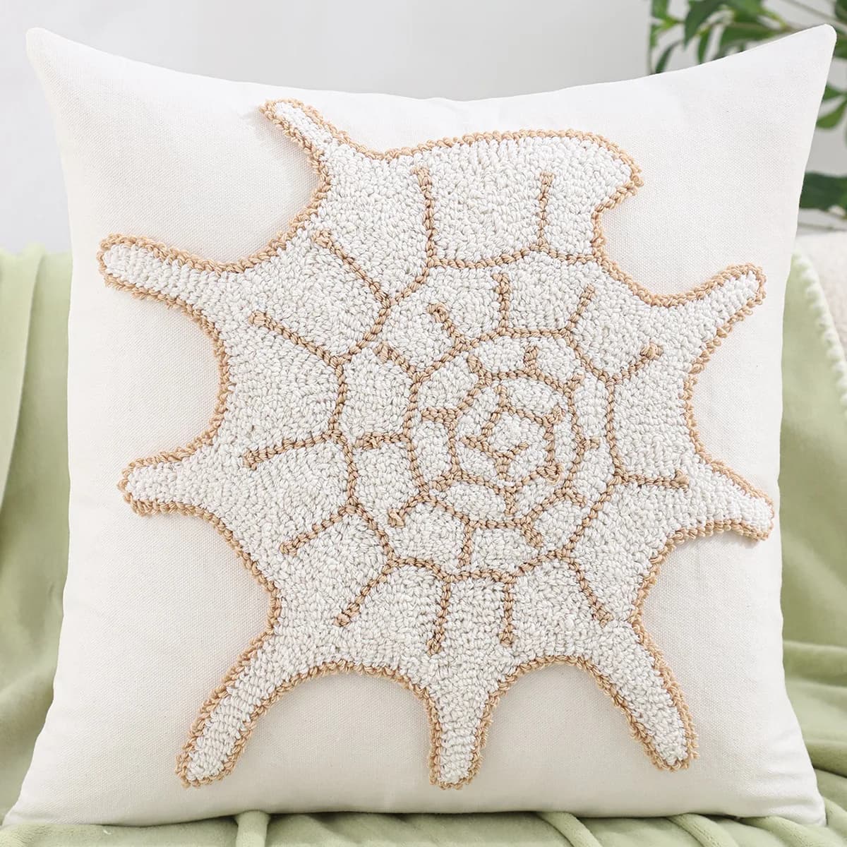 Coastal Tufted Throw Pillow Cover 3D Embroidered Marine Life Octopus Starfish Conch Textured Cotton Linen Cushion Case 45x45cm