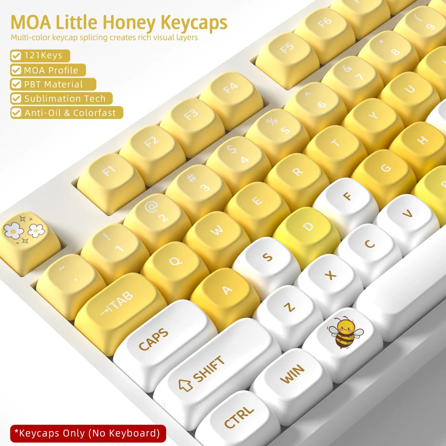 Keycaps Little Honey 121 tasti in materiale PBT, profilo MOA, DYE-SUB per interruttori MX, tasti per tastiera meccanica Wooting, layout ISO ANSI