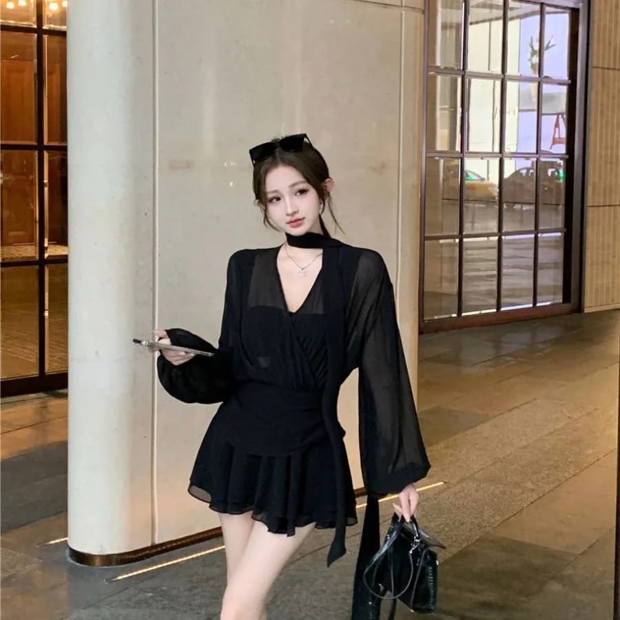 【New style】Black streamers ed v-neck long-sleeved dress women's spring and autumn temperament chiffon short skirt socialite roy