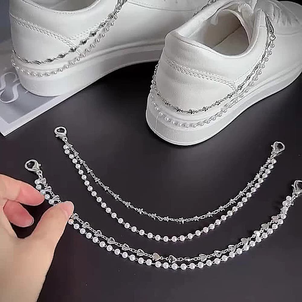 Metal Pearl Chain for Girls Double Layer Shoe Chain Creative Sneakers Jewelry Chains Fashion Shoes Buckles Shoes Accessories Hot