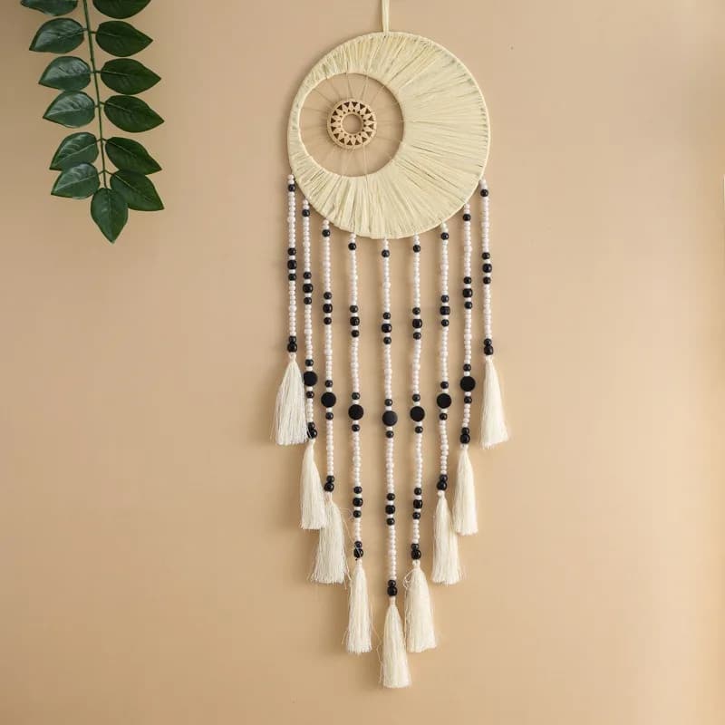 Double Circle Hollow Knitted Dream Catcher Wooden Bead Tassel Woven Wall Hanging Bedroom Home Art Decoration Gift