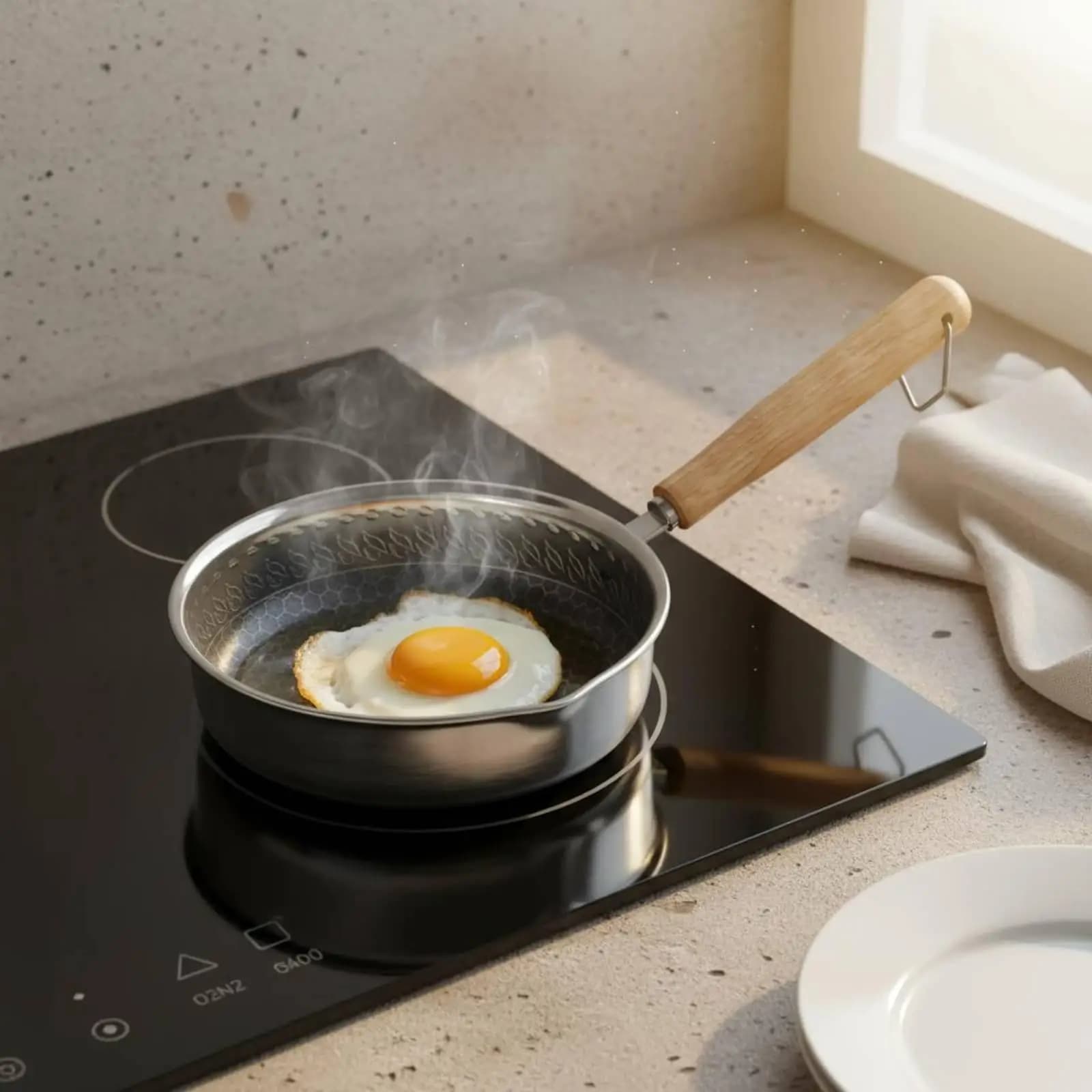 Frying Wooden handleGrain Handle Stainless Steel Frying Pan Hanging Loop Stainless Steel Skillet