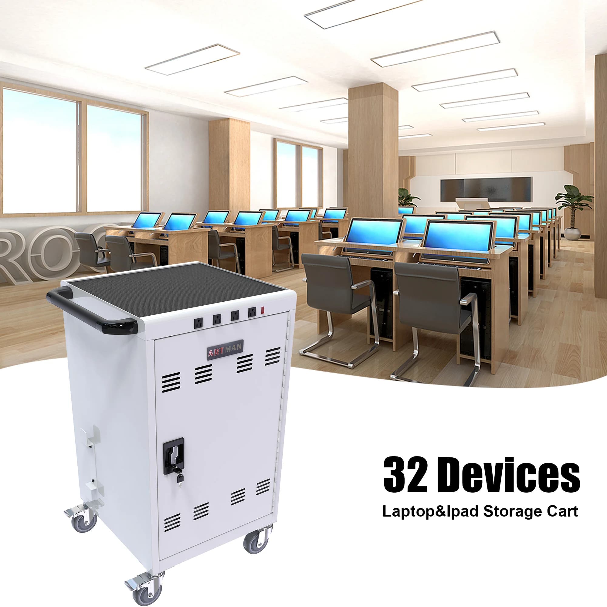 Carrello di ricarica mobile e armadietto per tablet, laptop, 30 dispositivi con alimentazione extra a 4 bit, bianco