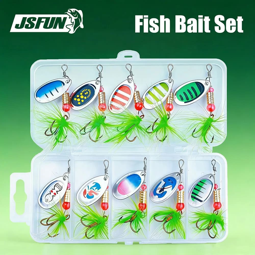 10 Pezzi/Scatola Esche Artificiali Spinnerbait 6cm 3.5g, Cucchiaini Rotanti in Metallo con Piume e Ancorette per Acqua Dolce e Salata