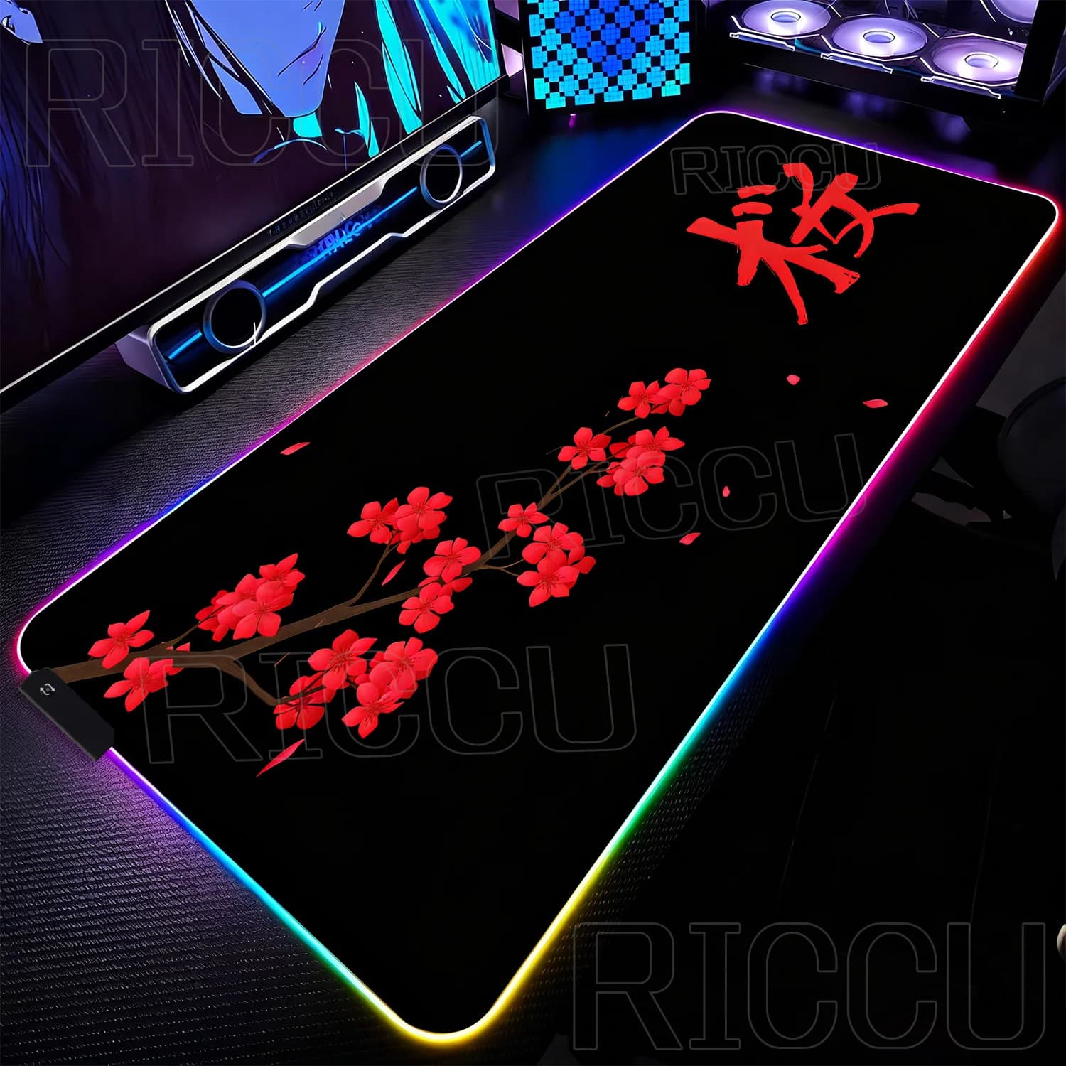 Tappetino per mouse RGB XXL Japan Text Cherry Blossom, tappetino da scrivania minimalista per gaming, tappetino per mouse LED Sakura, tappeto da ufficio, tastiera da gamer, computer