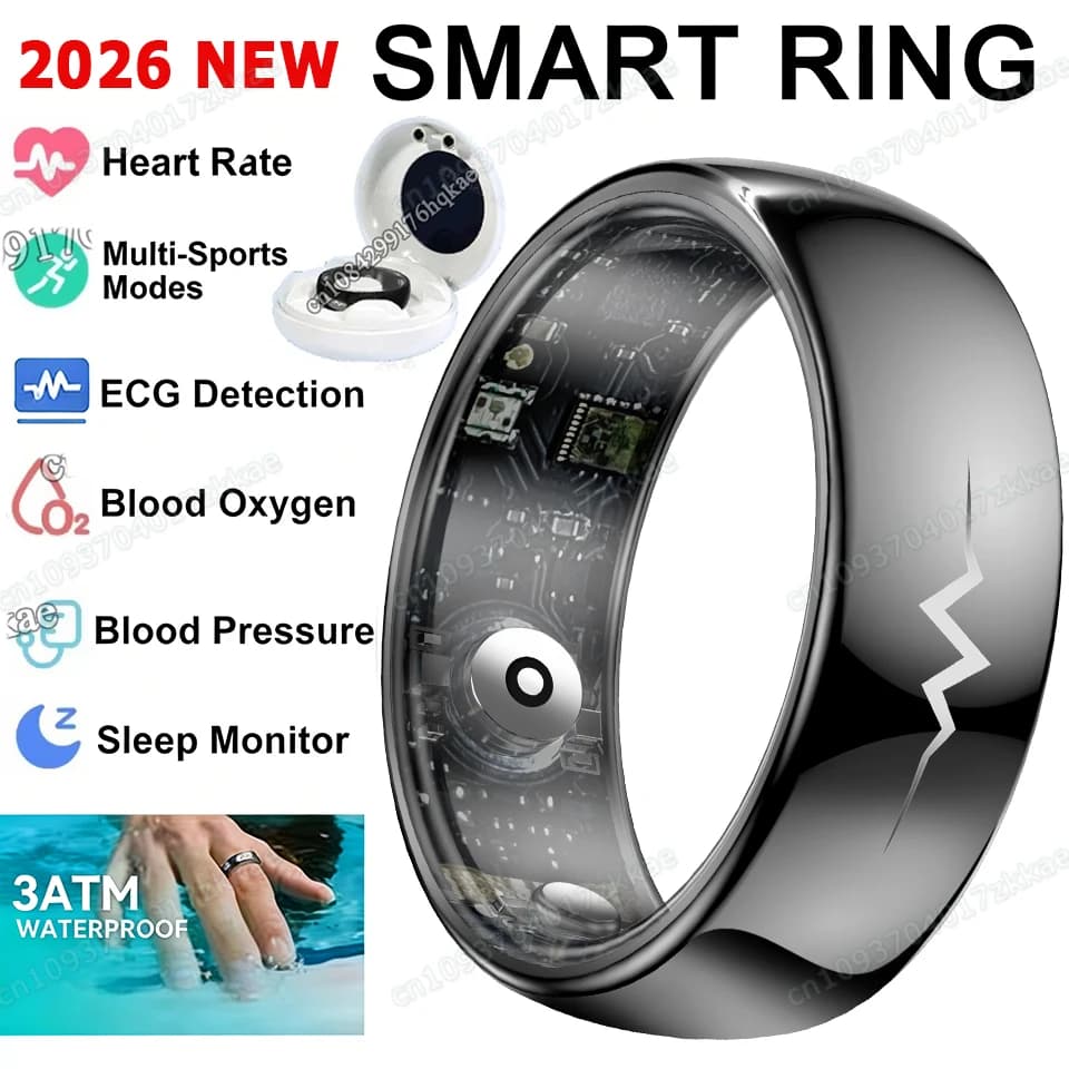 Anello Smart di Alta Gamma per Monitoraggio ECG, Ossigeno nel Sangue, Frequenza Cardiaca, Pressione Sanguigna e Sonno, Impermeabile 3ATM con Modalità Multi-Sport