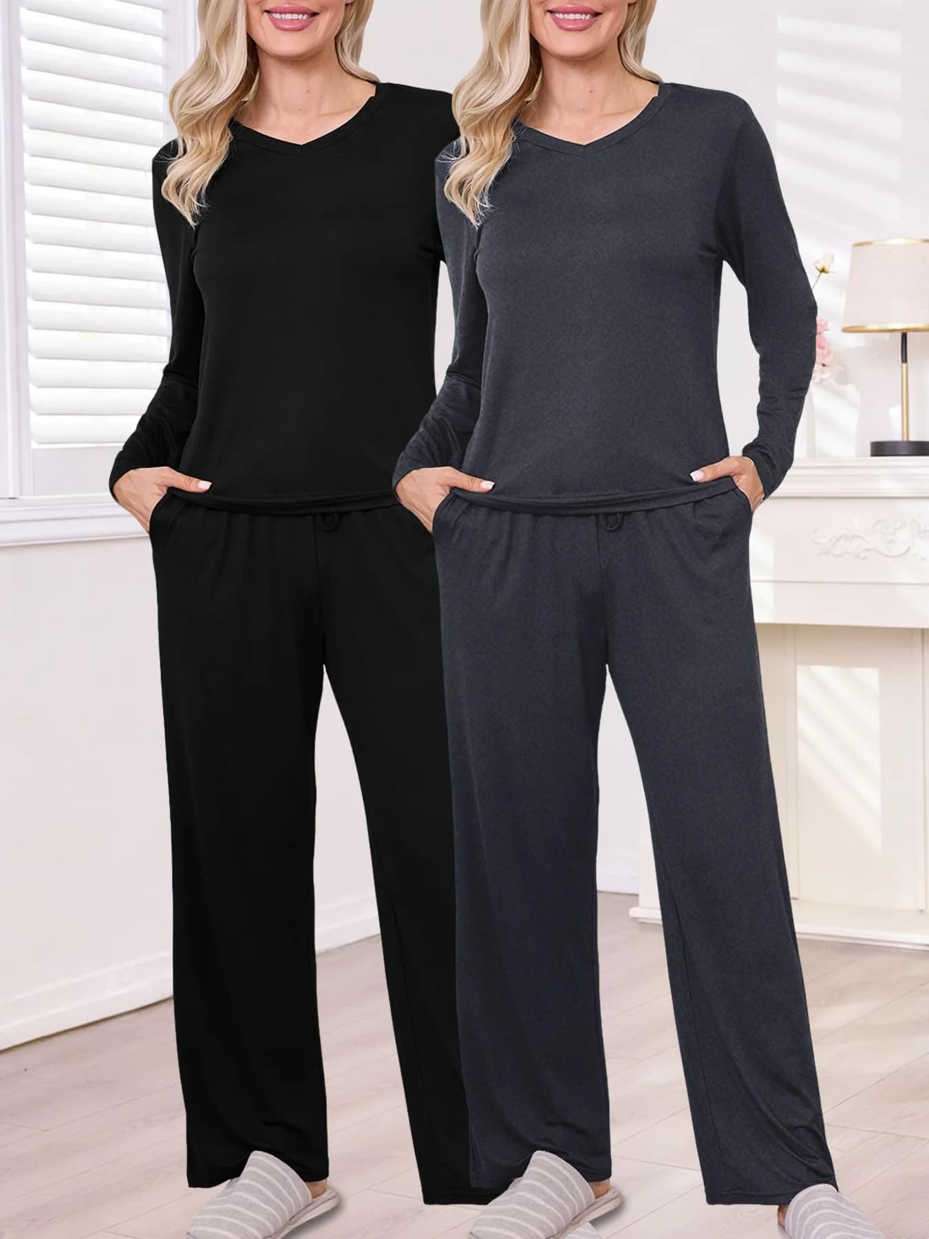 Set di 2 pigiami da donna super morbidi con scollo a V