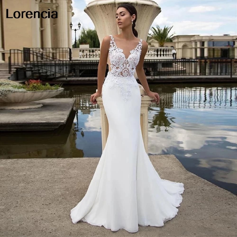 Abito da sposa elegante personalizzato in pizzo a sirena con scollo a V applicazioni che bordano abito da sposa in chiffon abito da sposa Vestido De Noiva YMW188