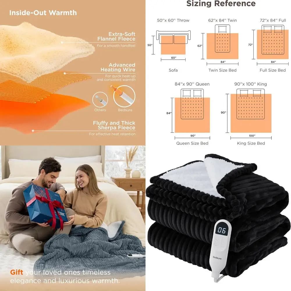 Coperta elettrica in morbida flanella a coste a grandezza naturale con 6 livelli di calore, 10 opzioni timer e spegnimento automatico di 8 ore per nonna (72x84
